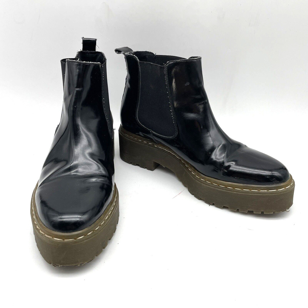 Topshop Black Faux Patent Leather Chunky Platform Chelsea Boots Women's Size 7.5
